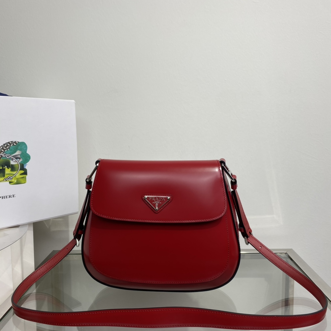 Prada Cleo Brushed Leather Shoulder Bag With Flap Bordeaux Red 1BD303